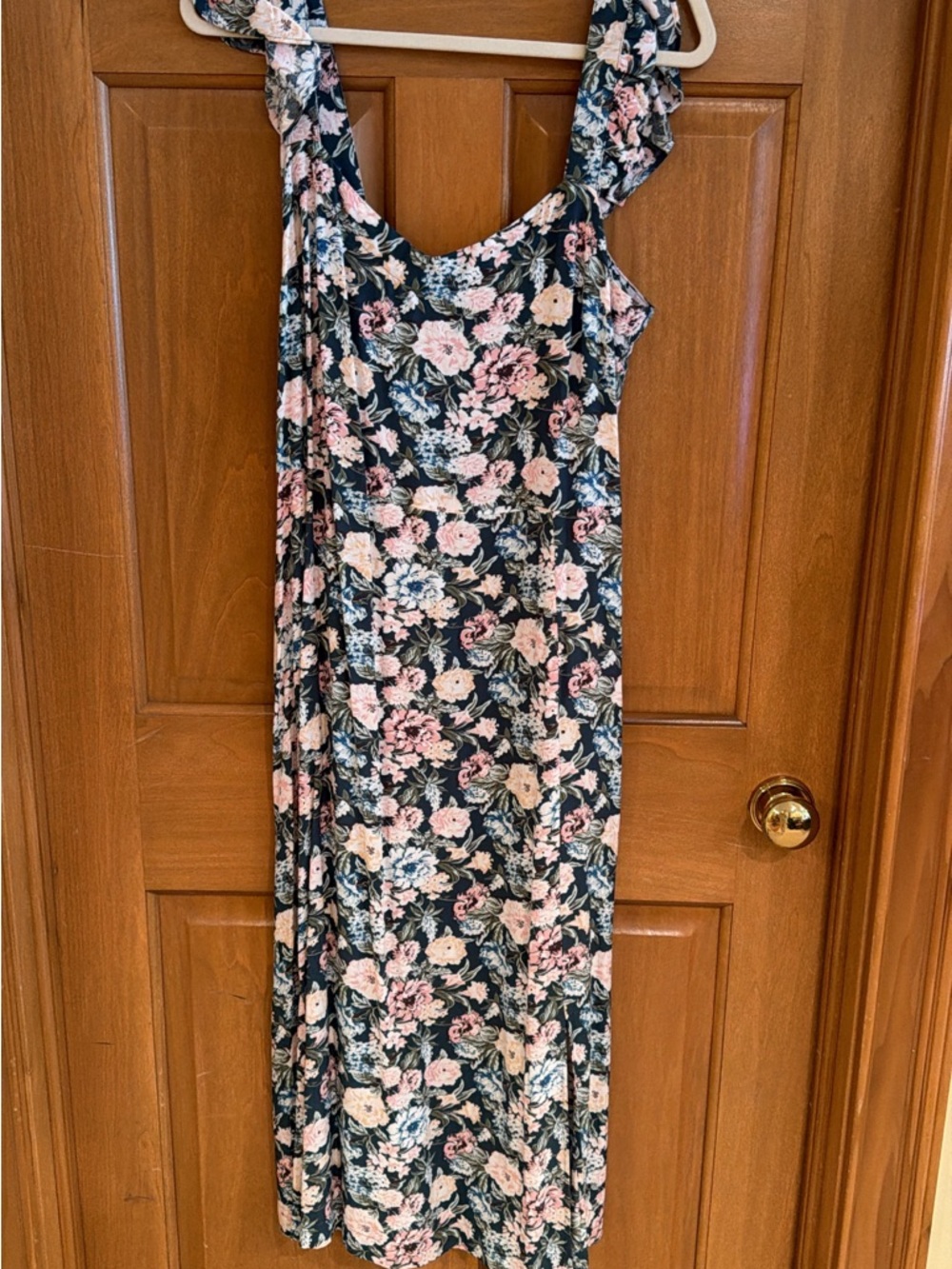 LOFT Floral Midi Dress in Navy with Pink and Cream Flowers